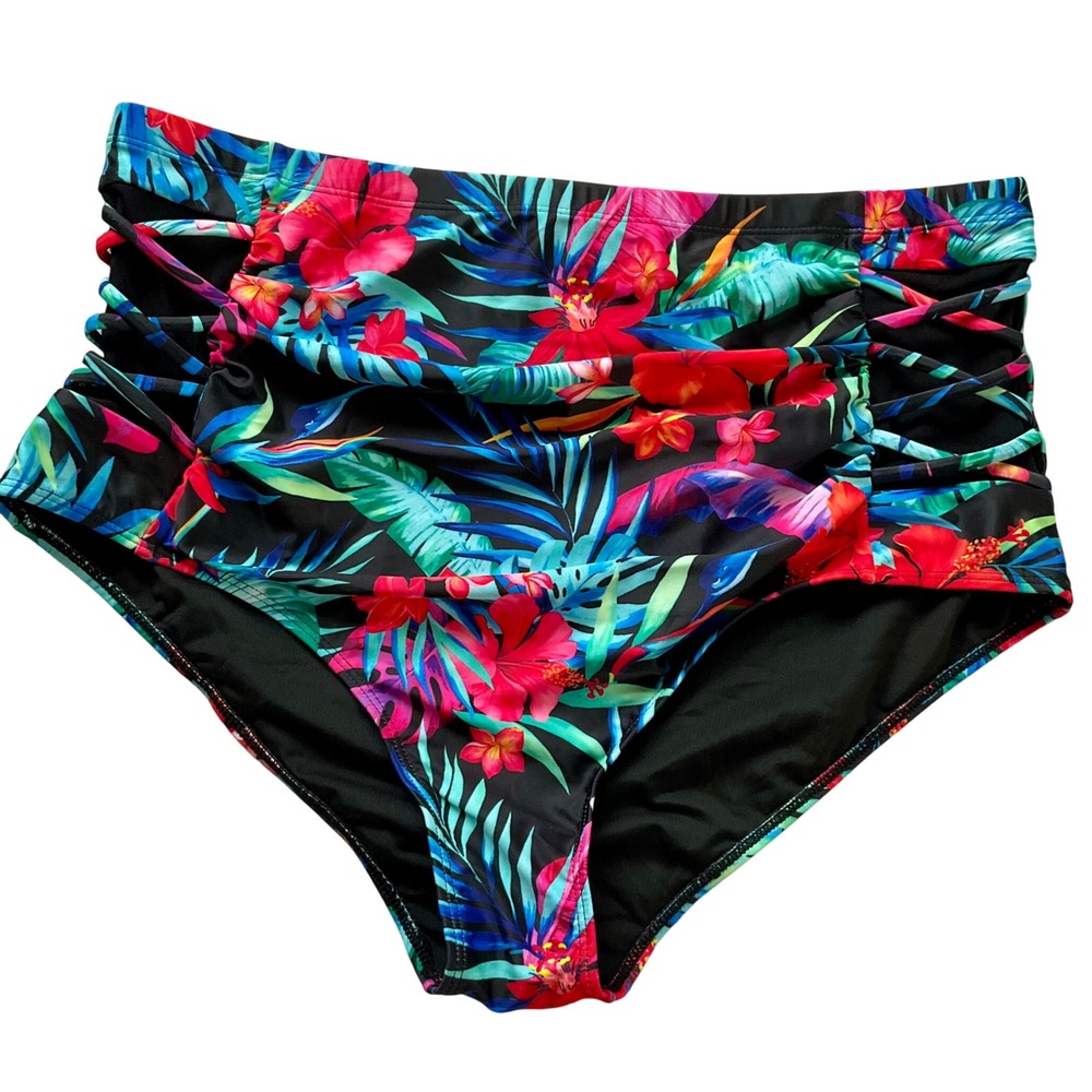 Yonique Womens Plus Size 18W High Waisted Floral Bikini Bottom Strappy Mesh NWOT